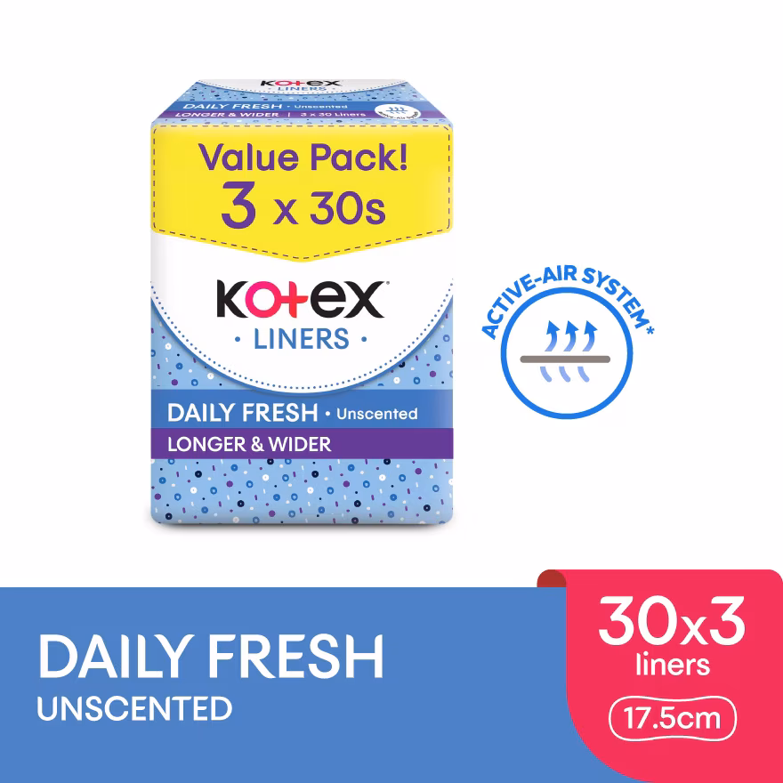 KOTEX
Longer & Wider Unscented Pantyliner 17.5cm (30s x 3 Packs) – Breathable, Comfortable & Absorbent