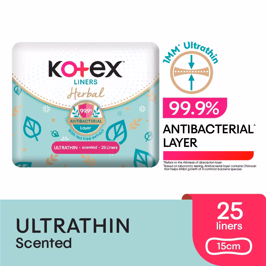 KOTEX
Herbal Anti-Bacterial Ultrathin Panty Liners 15cm (25s) – Odor Care with Tea Tree Extract Liners