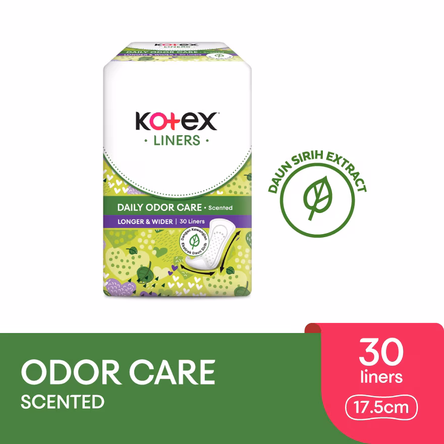 KOTEX
Longer & Wider Scented Pantyliner 17.5cm (30s) – Odor Care with Daun Sirih Extract Liners