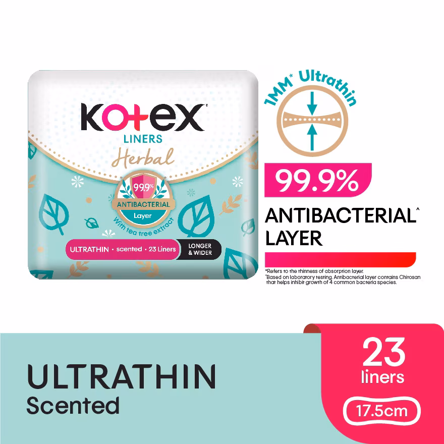 KOTEX
Herbal Anti-Bacterial Ultrathin Panty Liners 17.5cm (23s) – Odor Care with Tea Tree Extract Liners