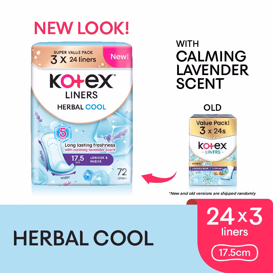 KOTEX
Herbal Cool Longer & Wider Pantyliner 17.5cm (24s x 3 Packs) – Liners with Calming Lavender Scent