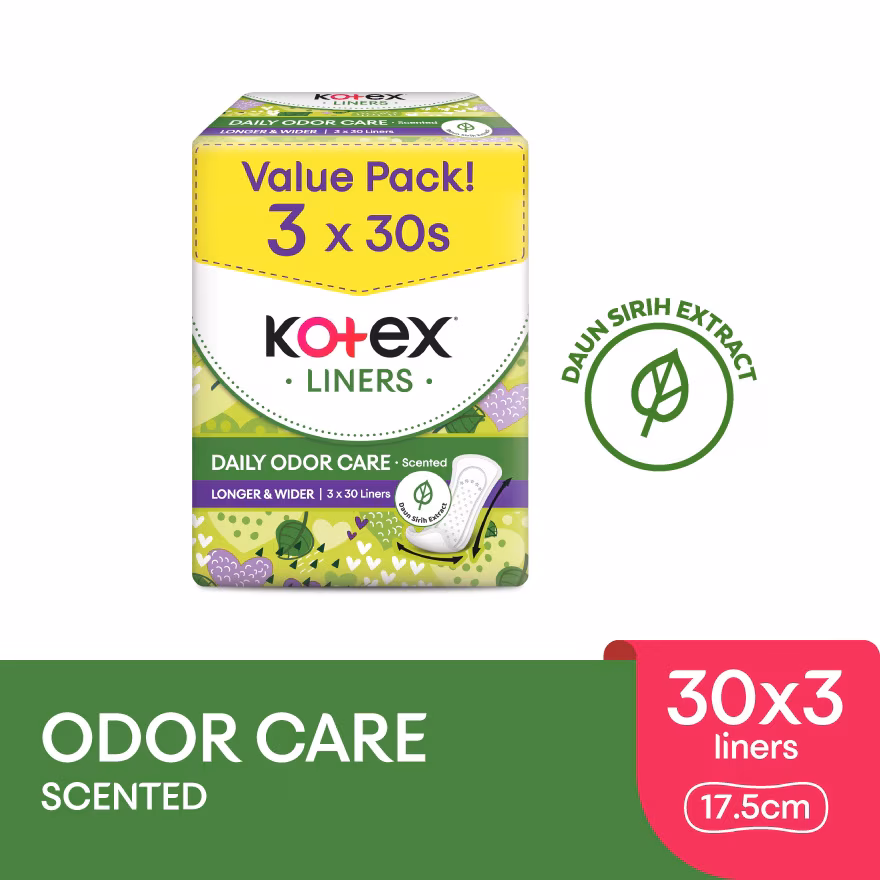 KOTEX
Longer & Wider Scented Pantyliner 17.5cm (30s x 3 Packs) – Odor Care with Daun Sirih Extract Liners