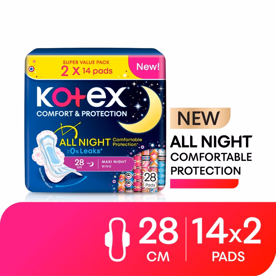 KOTEX
Comfort & Protection Night Wing Pad 28cm (14sx2) – Sanitary Pad with 100% Leak Free Comfort