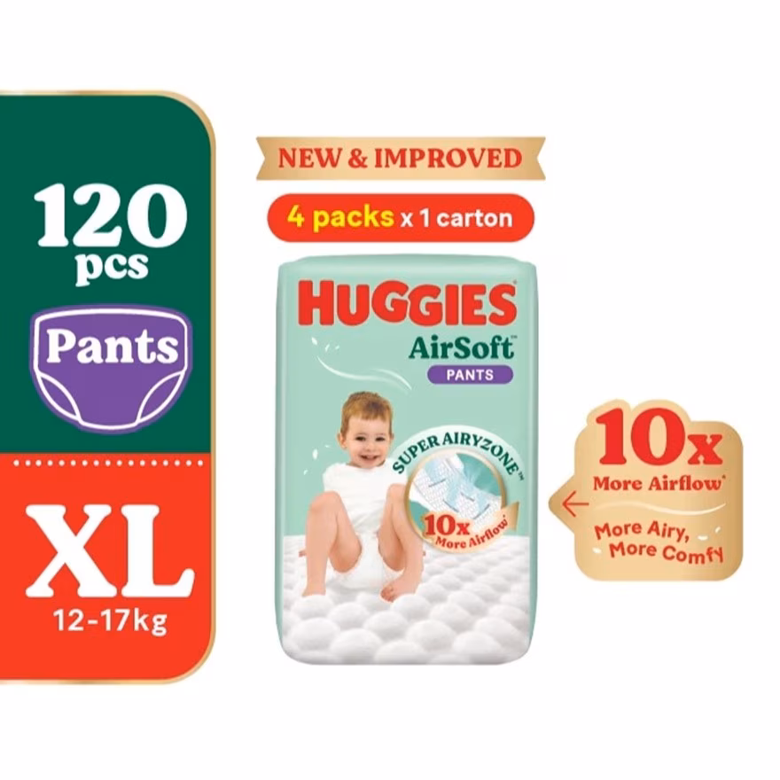 HUGGIES
AirSoft Pants Diapers XL 30s (4 Packs) Breathable and soft diapers for baby