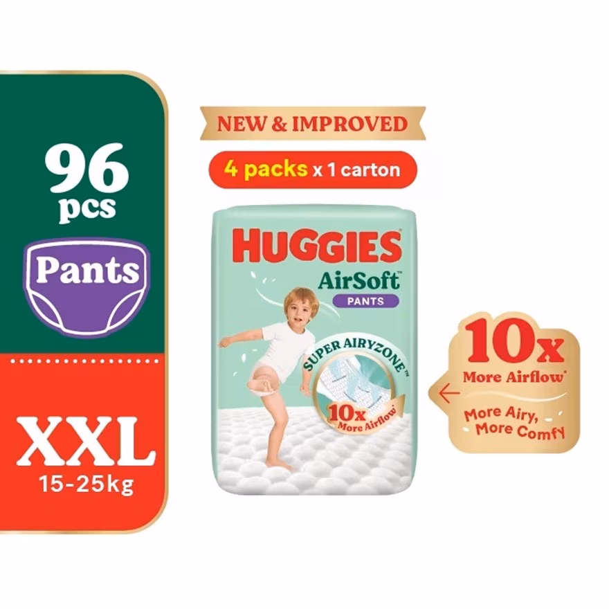 HUGGIES
AirSoft Pants Diapers XXL 24s (4 Packs) Breathable and soft diapers for baby