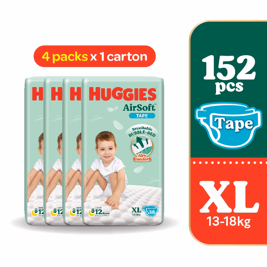 HUGGIES
AirSoft Tape Diapers XL 38s (4 Packs) Breathable and Soft diaper