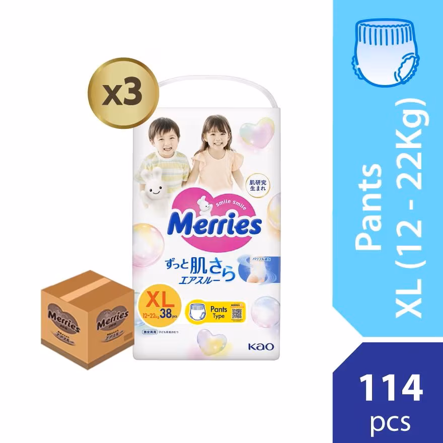 MERRIES
Merries Super Premium Pants Baby Diaper Super Jumbo pack (12-22kg) XL 38s x3