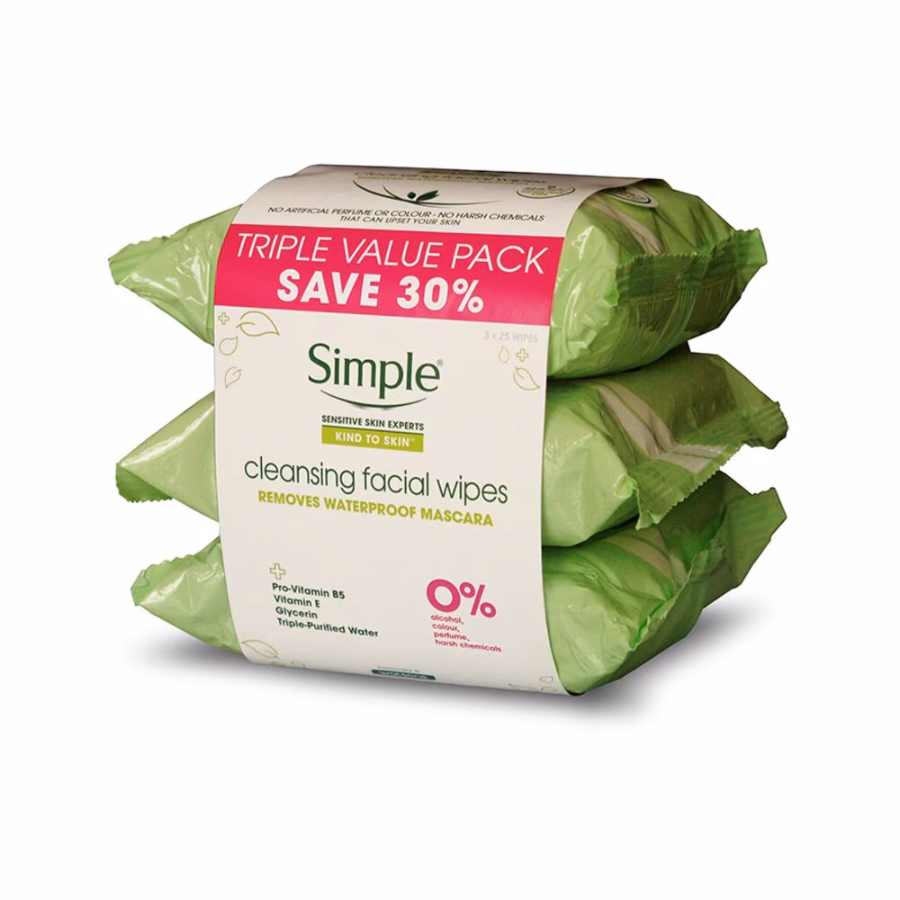 SIMPLE
Kind to Skin Cleansing Facial Wipes 3×25’s